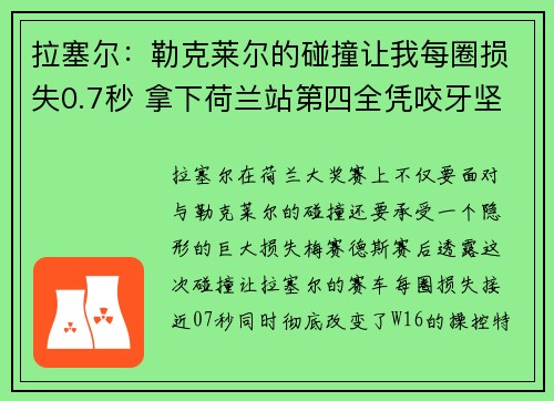 拉塞尔：勒克莱尔的碰撞让我每圈损失0.7秒 拿下荷兰站第四全凭咬牙坚持